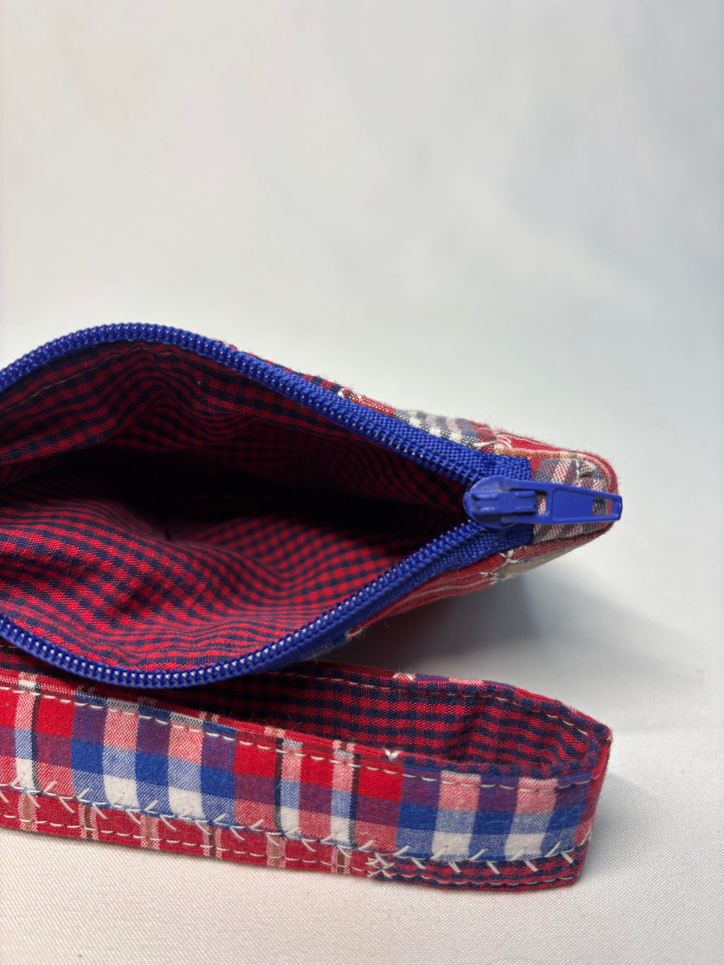 Upcycled Patchwork Wristlet Pouch Red Plaid blue zipper